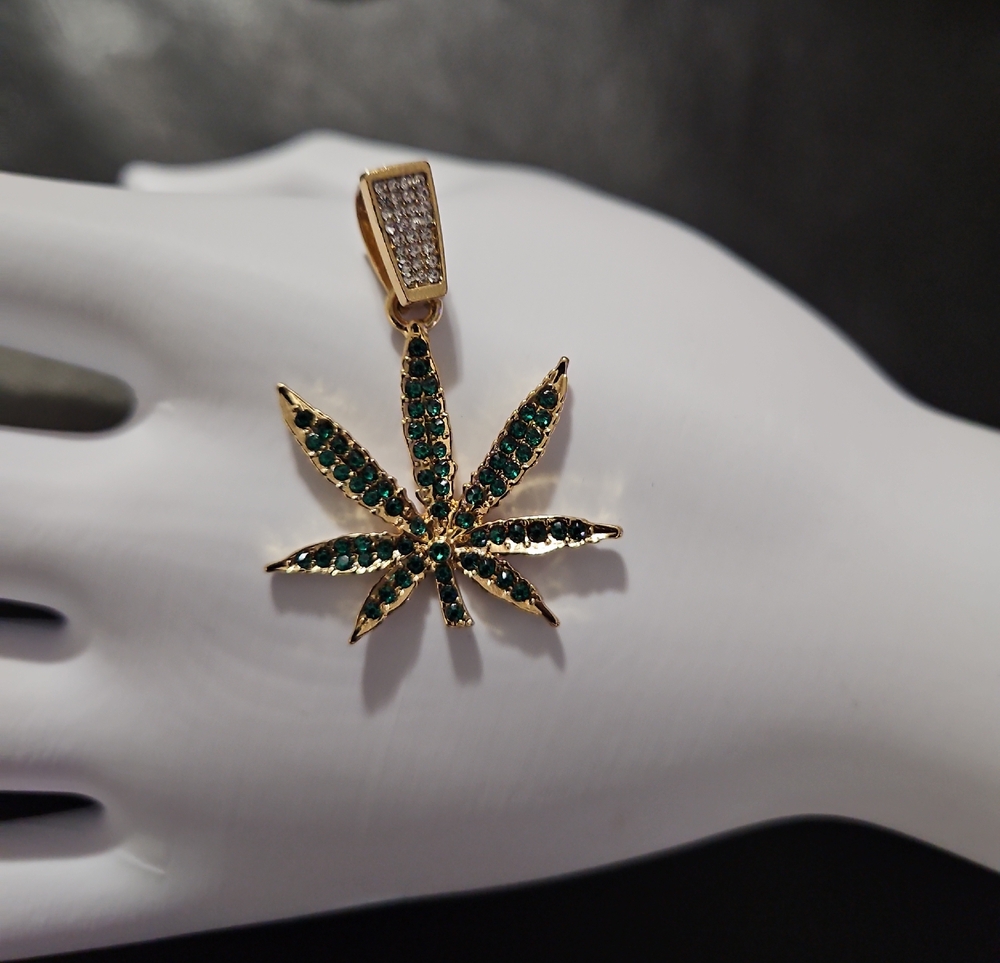 Gold Leaf Pendant  with Green Crystal Accents